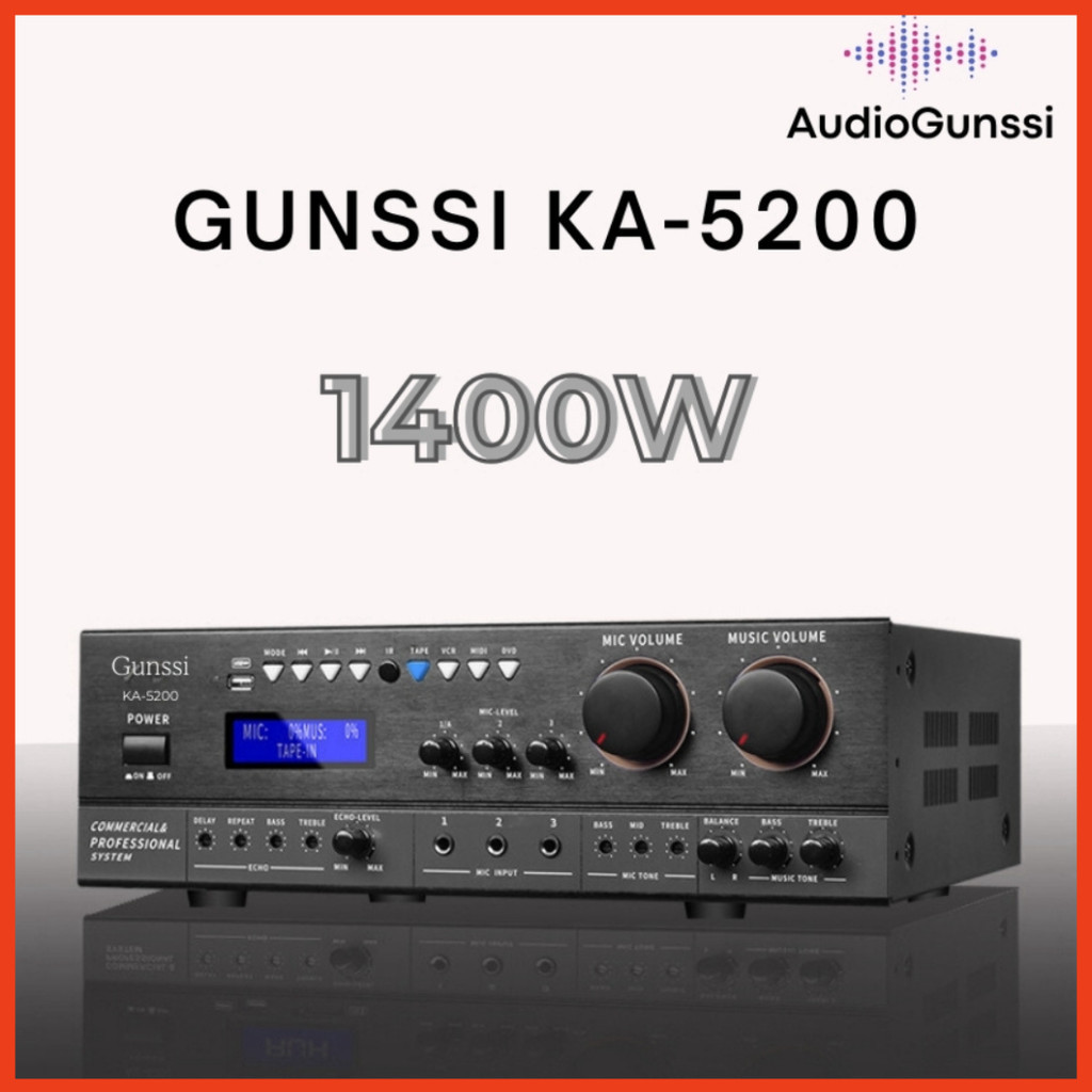 Đẩy công suất liền vang 4 kênh 12 sò Gunssi KA-5200 công suất lớn 1400W, âm thanh chất lượng, âm ly karaoke bluetooh