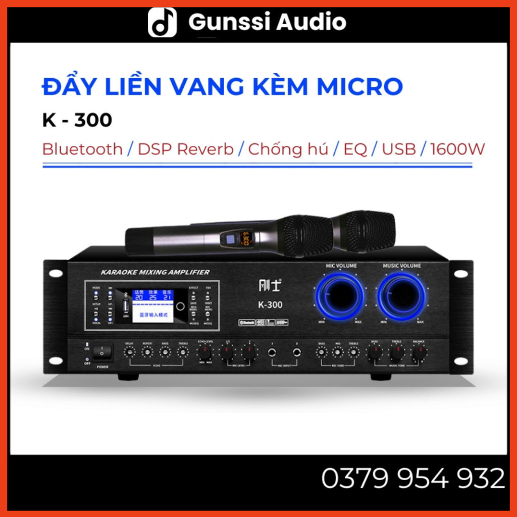 Cục đẩy công suất liền vang liền micro 2 kênh công suất lớn 1600W Gunssi K-300, âm ly karaoke gia đình, amply bluetooth