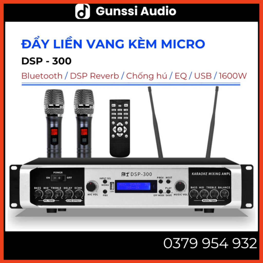Đẩy liền vang Gunssi DSP 300, công suất lớn 1600W, chống hú, cục đẩy liền vang 2 kênh kèm micro, amply karaoke gia đình