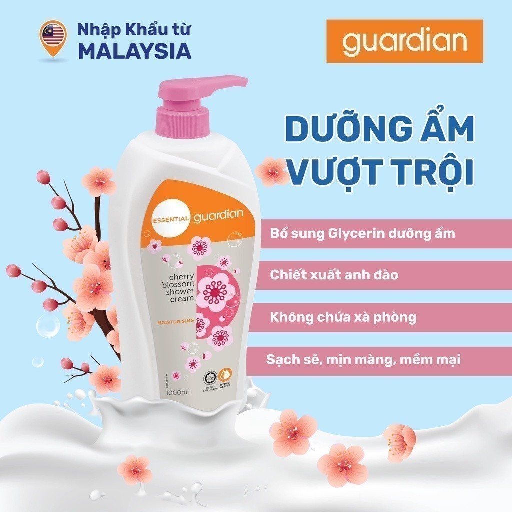 Sữa Tắm Dạng Kem Dưỡng Ẩm Guardian Essential Cherry Blossom Moisturising Shower Cream Chiết Xuất Anh Đào 1000ml