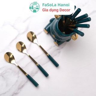 Thìa nĩa inox cán sứ cỡ nhỏ | dĩa inox vàng cán sứ | nĩa thìa vân đá vật liệu không gặm nhấm xanh trắng