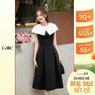 Váy nữ dáng xòe vai chờm kèm tag cài hoa CALIE VX168