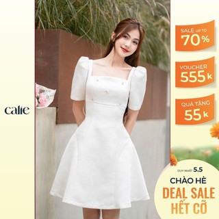 Váy nữ dáng xòe cổ vuông tay bồng đính đá nữ tính CALIE VX166