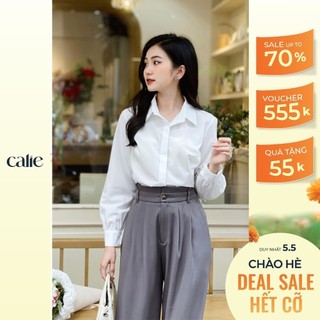 Áo sơ mi thô hàn nữ cổ đức dài tay dáng basic form rộng thanh lịch thời trang công sở Calie House AS260
