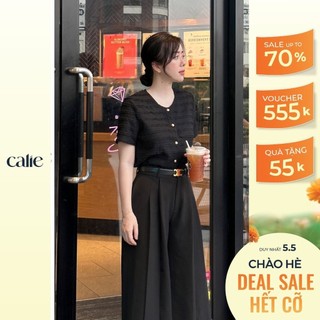Áo croptop nữ ngắn tay cổ tròn chất ren mềm đính khuy kim loại CALIE AC312