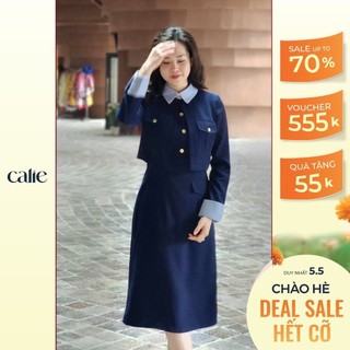 Váy nữ dáng A midi dài tay cổ đức leyer đáp thân trước phổi tay  CALIE Va424