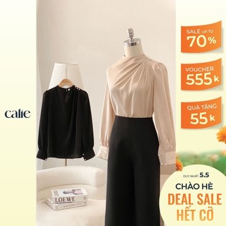 Áo sơ mi nữ dài tay cách điệu xếp ly vai đính cúc CALIE AC342