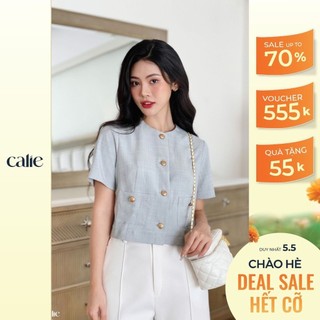 Áo kiểu nữ cổ tròn dáng croptop đính khuy kim loại túi ốp CALIE AC274
