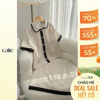 Set áo croptop nữ cổ sen phối chân váy chữ A CALIE AC273 CA079