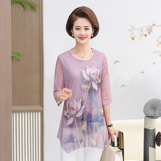 Áo thun ngắn tay cỡ lớn in hình hoa phối ren mùa hè thời trang cho phụ nữ trung niên và người già 40,50 tuổi mẹ