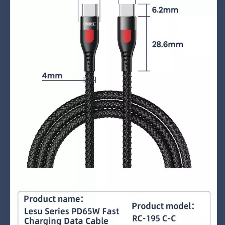 Cáp sạc RM RC 195 Type-C to Type-C 65W – Sạc nhanh PD – Dài 1m – Dây dù bền, chống đứt