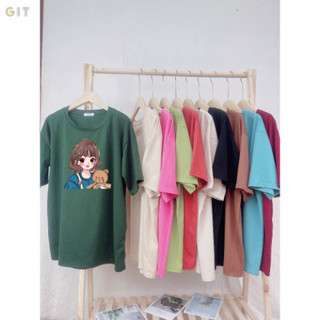 Áo phông Cotton hàn (Hàng Loại 1) in hình Cô gái áo xanh ôm gấu, Áo thun from rộng, mặc cho Nam và nữ chất đẹp -DVGIT