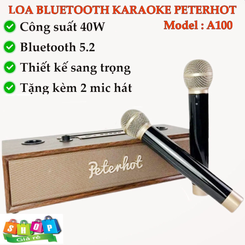 Loa bluetooth karaooke peterhot A100 tặng kèm 2 mic, Loa karaoke gia đình thiết kế vỏ gỗ sang trọng, âm thanh siêu đỉnh