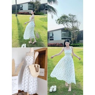 Đầm midi trắng nền hoa đen cổ yếm