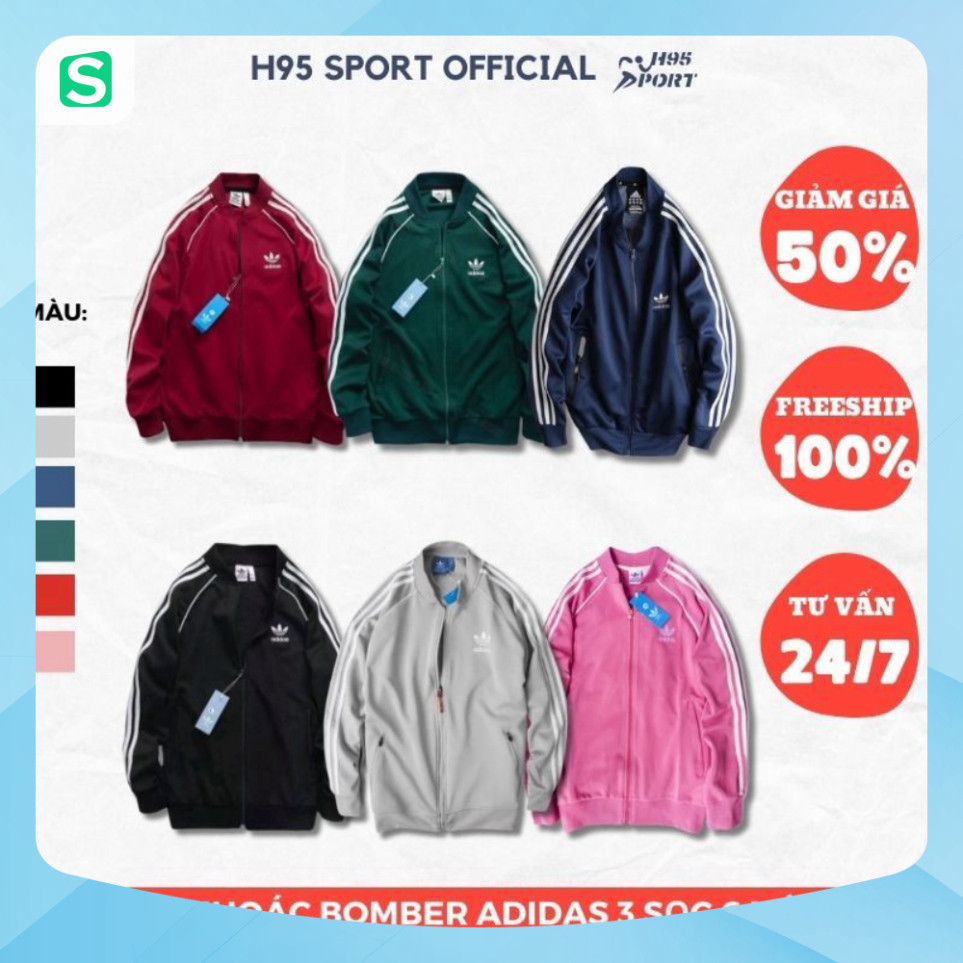 Xả Áo khoác Bomber, áo khoác thể thao nam nữ Adidas 3 sọc vải thun poly 2 da cao cấp logo thêu - H95 Sport Official - Ne