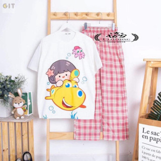 Sét áo cô gái cá vàquần kẻ màu,  Áo thun from rộng, rộng rãi thoải mái mặc ở nhà và mặc đi chơi -DVGIT
