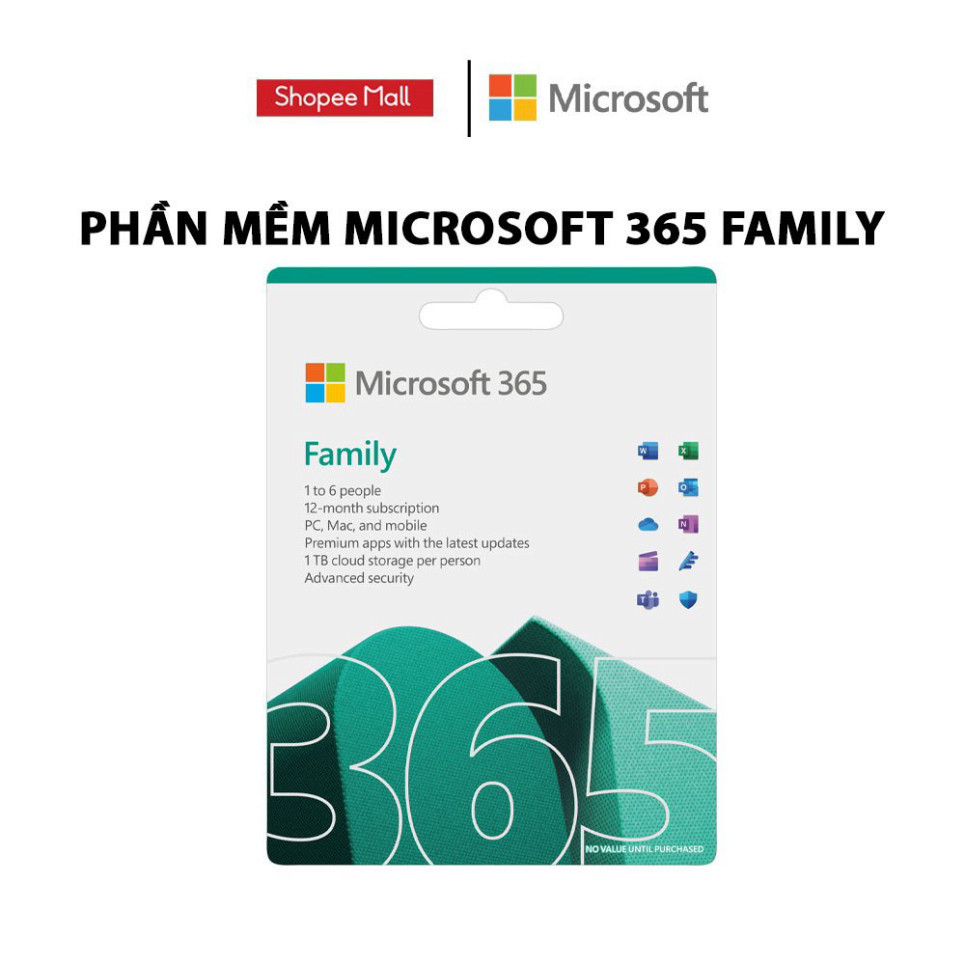 Phần mềm Microsoft Office 365 Family |12 tháng | tối đa 6 người |5 thiết bị/người |Word, Excel, PowerPoint |1TB OneDrive
