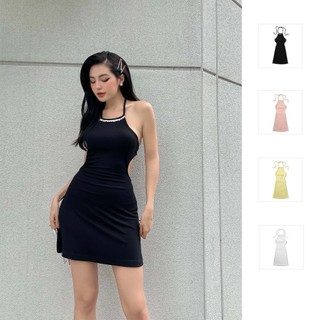 Đầm Ngắn Nữ Halter Ruffle Lace, Chất Vải Thun Sọc Thoải Mái, WDN000260, SOMEHOW
