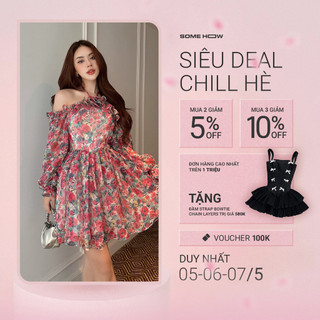 Đầm Nữ Ngắn Long Sleeves Flower, Chất Chiffon Hoa Thoải Mái, WDN034, SOMEHOW
