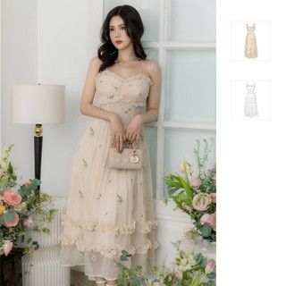 Đầm Nữ Dài Sundress Ruff Layers, Chất Vải Vải Tơ Organza Xước Thêu Hoa, WDD025, SOMEHOW
