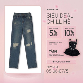 Quần Jean Nữ Straight Distress Dark Blue, Chất Vải Cotton Pha Spandex Thoải Mái, WQJ006, SOMEHOW