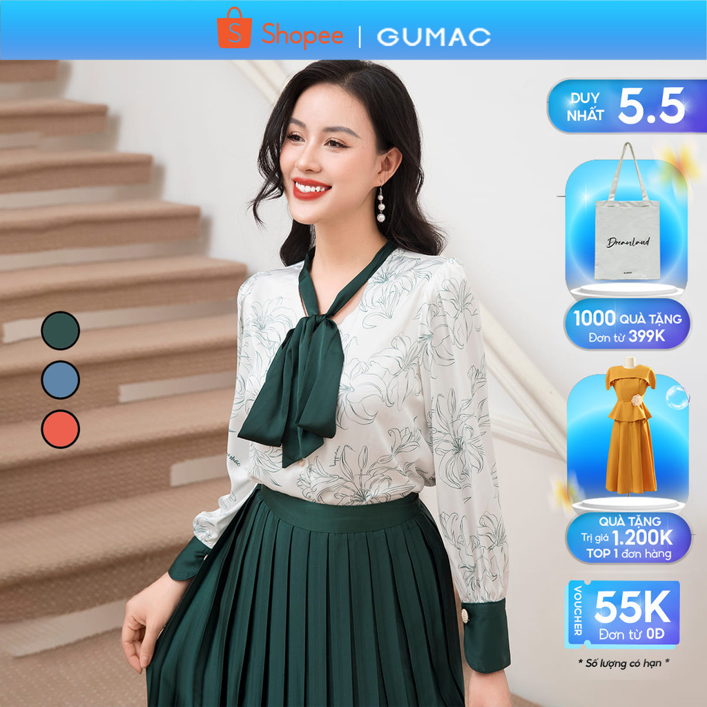 Áo sơ mi nữ chất liệu lụa in hoa sang trọng, nhiều màu thời trang GUMAC AD10006