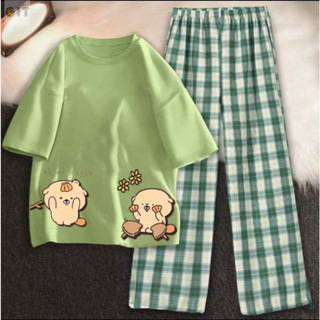 Sét áo phông I and You và quần sọc karo, Đồ UNISEX mặc ở nhà và đi chơi, chất đẹp, mặc không xù -DVGIT