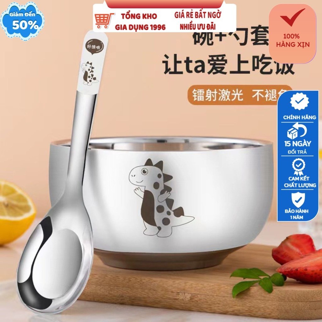 Tô Inox 304 Kèm Thìa Họa Tiết Hoạt Hình Đựng Thức Ăn Cho Bé Chống Bỏng Tiện Dụng, Set Bát Ăn Dăm Bằn