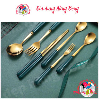 Thìa, dĩa, đũa mạ vàng cán sứ xanh lục ngọc bảo sang chảnh