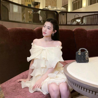 Váy milsy dress váy trễ vai bèo xếp ly đính nơ điệu đà by huyen my-store