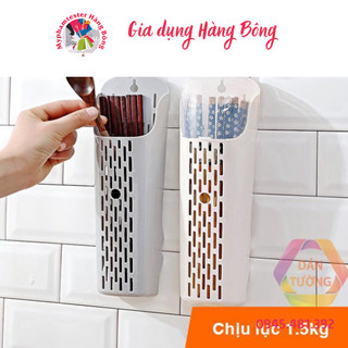 Hũ ống đựng đũa muỗng dán tường nhà bếp không cần khoan tường, ống đũa có nắp đậy, có khe thoát nước _D46