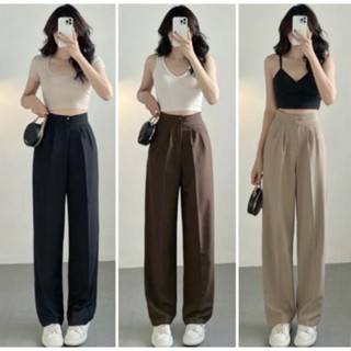 Quần Ống Suông Ống Rộng nữ TOTOSA 2 Khuy Kiểu Dáng Basic Cạp Cao Tôn Dáng Chất Vải Tuyết Mưa Mềm Mịn TT6