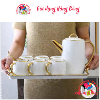 Bộ ấm chén trắng sứ viền vàng