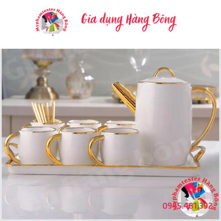 Bộ ấm chén trắng sứ viền vàng