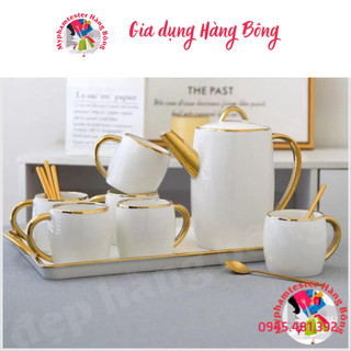 Bộ ấm chén trắng sứ viền vàng