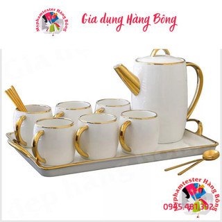 Bộ ấm chén trắng sứ viền vàng