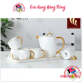Bộ ấm chén trắng sứ viền vàng