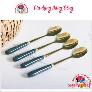 thìa cà phê vàng cán sứ xanh cổ vịt mẫu mới cao cấp