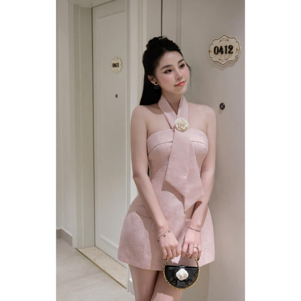 [Ảnh thật] Đầm váy midi cổ yếm 🔥vải bố🔥40-65KG🔥 bigsize khoét vai cúp ngực xoè ngắn A đen hồng đính 
