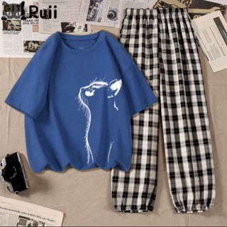 Sét áo phông Mèo trắng và quần karo màu, Sét bộ Unisex chất đẹp THỜI TRANG HÀN QUỐC -DVGIT
