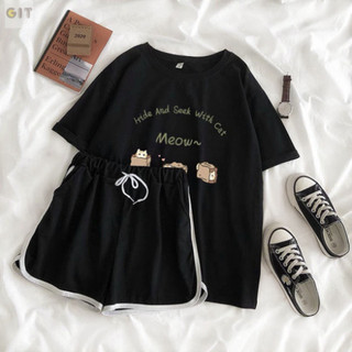 Sét áo phông Meow và quần short viền, áo thun from rộng thiết kế thời trang cá tính, chất đẹp không xù - DVGIT