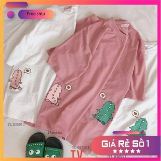 Áo thun nữ ❤FREESHIP❤Áo in hình khủng long chibi form rộng in 5D cotton mát màu hồng,trắng unisex