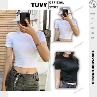 Áo Phông Nữ tUVY Áo thun croptop crt body cotton gân co giãn 4 chiều cổ tròn basic màu đen trắng