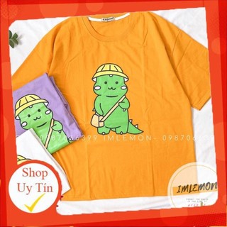 Áo thun nữ TUVY phông cotton vải mát in hình 5D pet khủng long xanh đội mũ đeo túi chéo màu áo vàng,trắng,tím