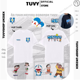 Áo phông đen trắng nữ TUVY Áo thun tay lỡ from rộng Heyyou Doremon unisex freesize 68kg