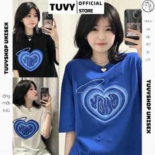 Áo thun nữ TUVY Áo phông trái tim chất cotton mát form rộng tay lỡ unisex màu đen,xanh,trắng