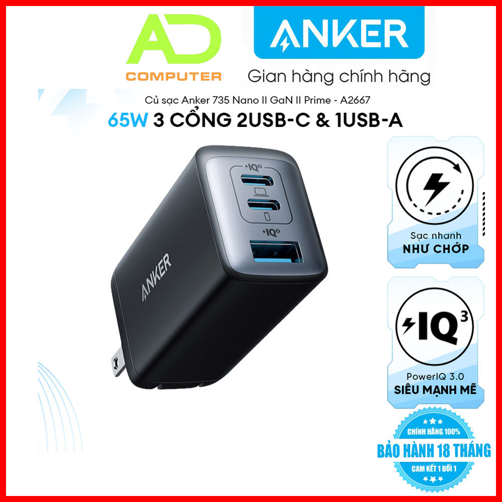 Củ Sạc ANKER 735 Nano II GaN  Prime 65W -  3 cổng 2USB-C & 1USB-A - A2667  - PP bởi Viettel