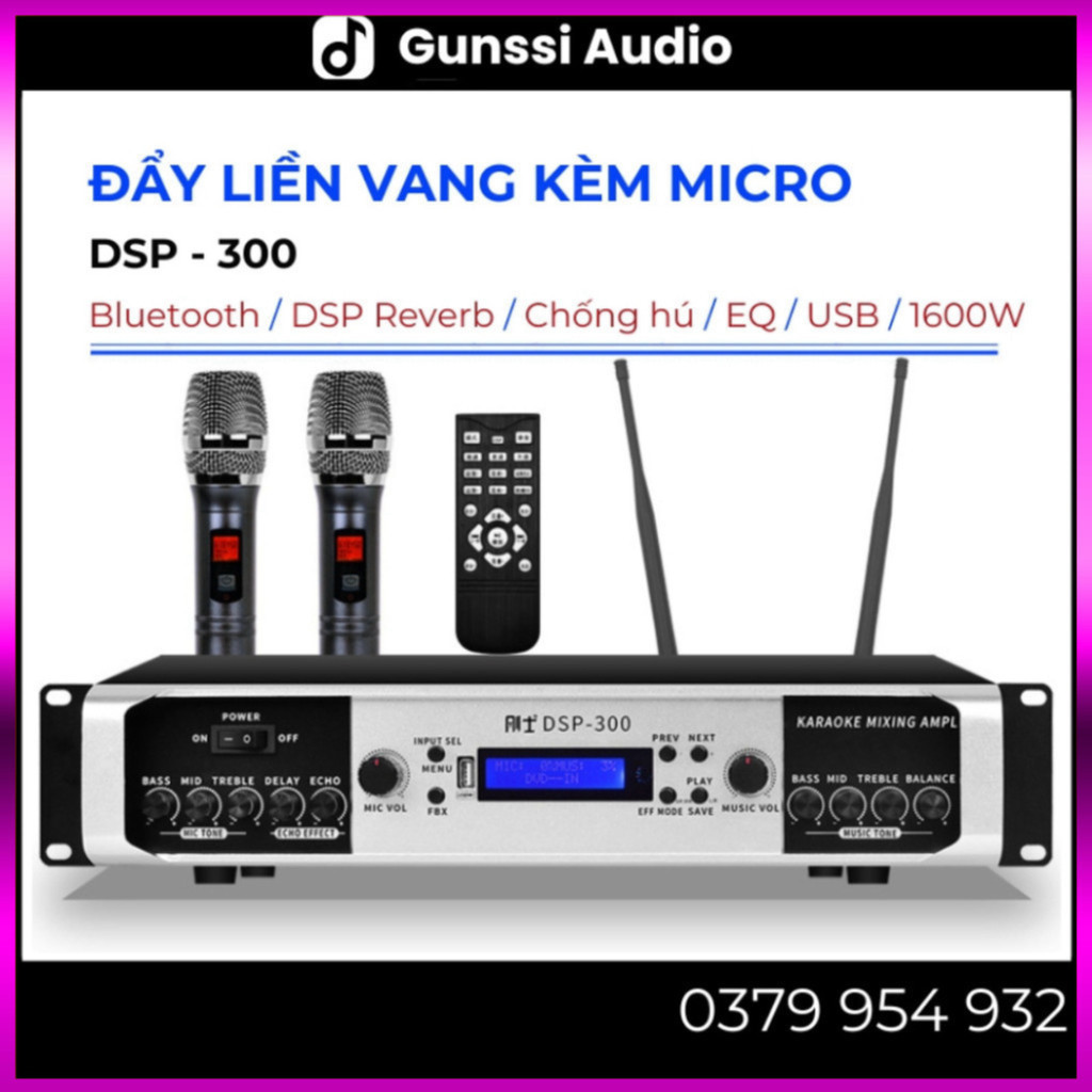 Đẩy liền vang Gunssi DSP 300, công suất lớn 1600W, chống hú, cục đẩy liền vang 2 kênh kèm micro, amply karaoke gia đình