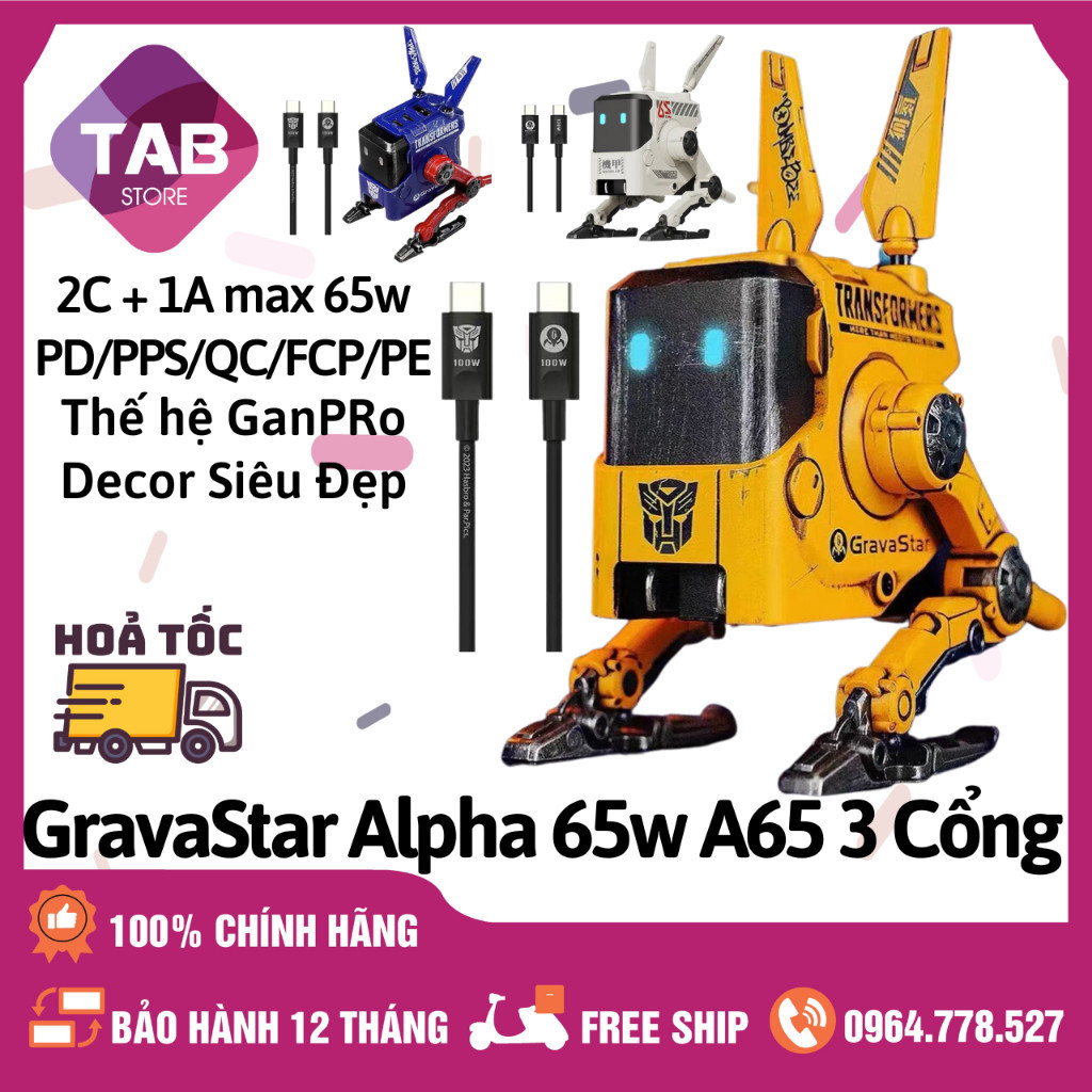 Củ Sạc GravaStar Alpha A65 65W 3 Cổng 2C1A PD/PPS/QC/FCP/PE - Bảo Hành 6 Tháng