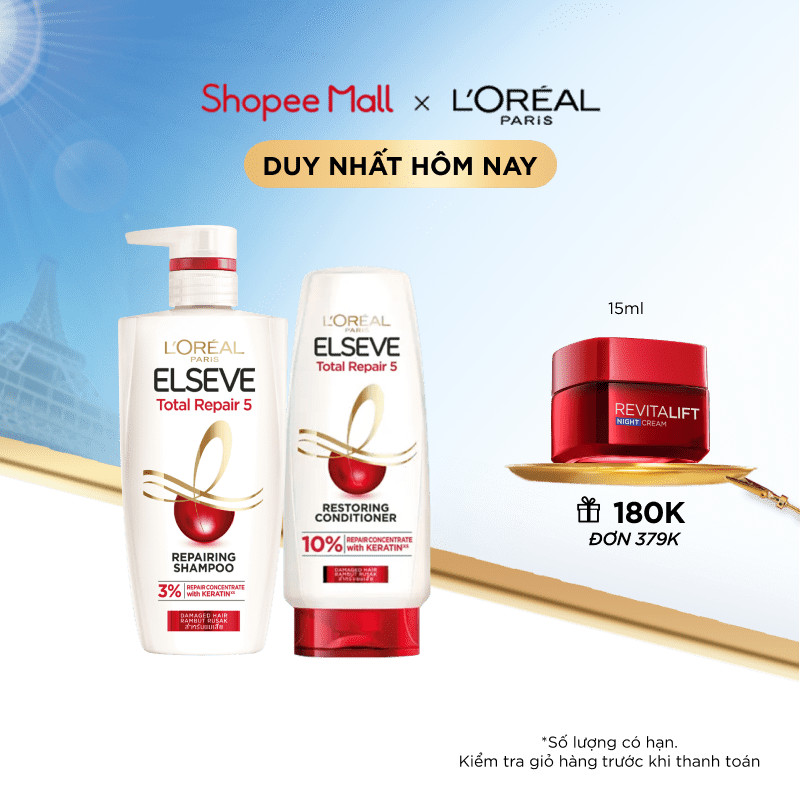 Bộ dầu gội 620ml và dầu xả phục hồi tóc hư tổn 280ml L'Oreal Paris Elseve Total Repair 5